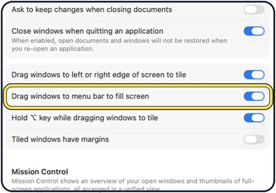 Mac screenshot: Switch off filling the screen from the menu bar