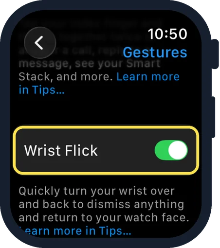 Apple Watch screen: Scroll down and switch off Wrist Flick