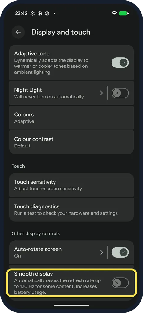 Screenshot from the guide: How to turn on 120 Hz Smooth display on a Google Pixel 10a