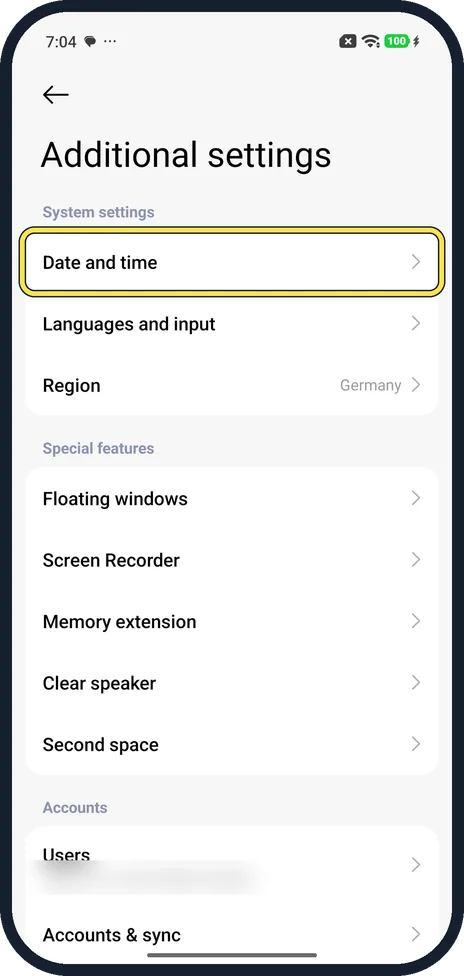 Android screenshot: Open Date and time