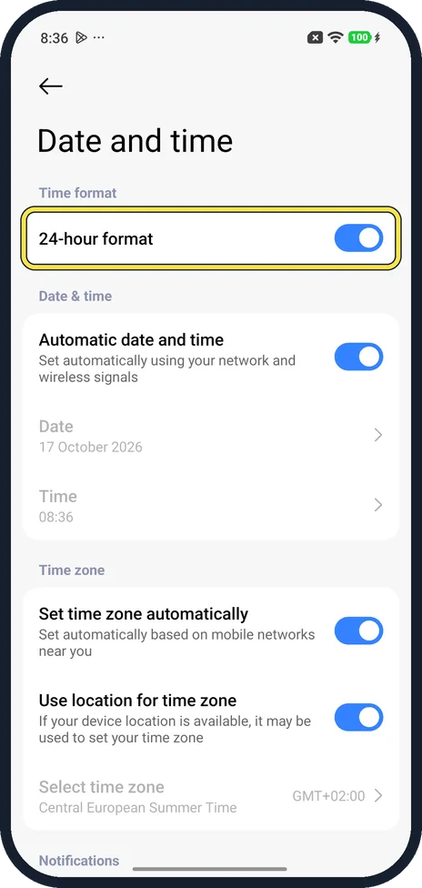 Android screenshot: Find 24-hour format