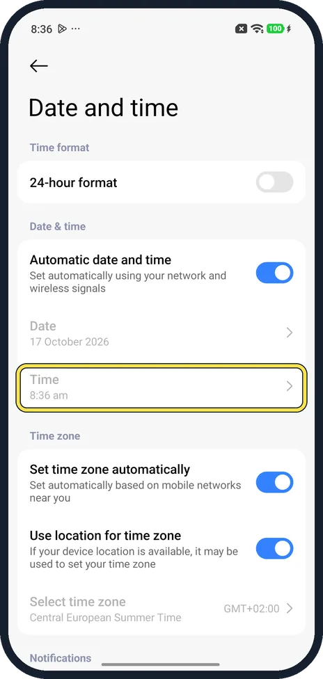 Android screenshot: Check the time