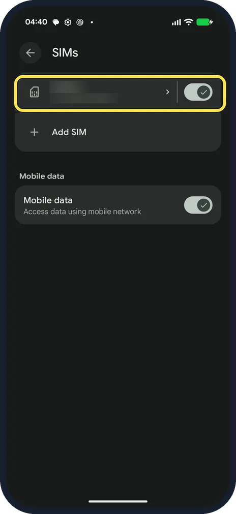 Android screenshot: Tap your SIM