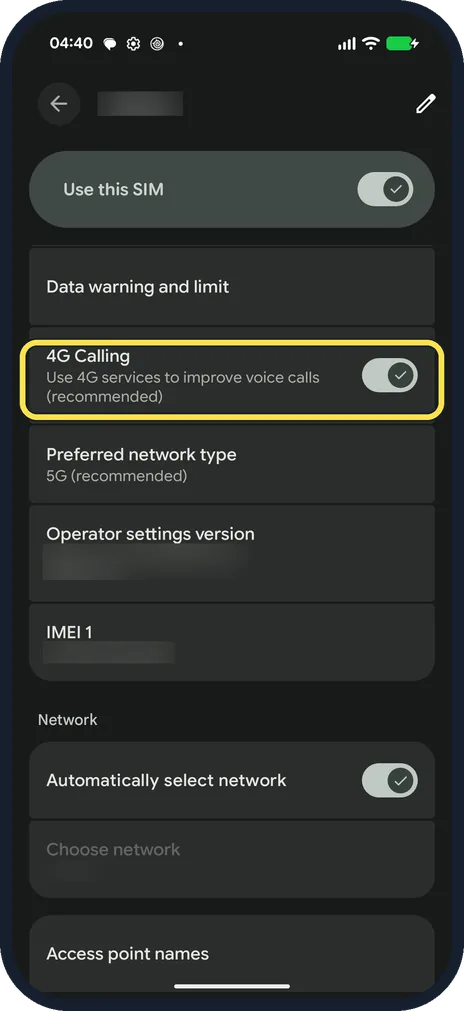 Android screenshot: Turn on 4G Calling