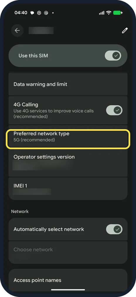 Android screenshot: Tap Preferred network type
