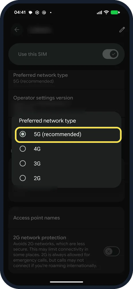 Android screenshot: Choose 5G