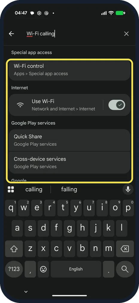 Android screenshot: Search Settings for it