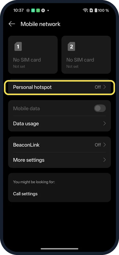 Android screenshot: Open Personal hotspot