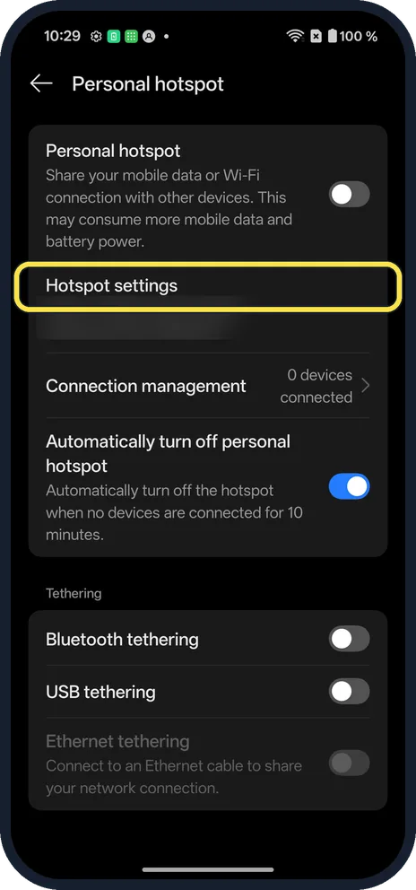 Android screenshot: Tap Hotspot settings