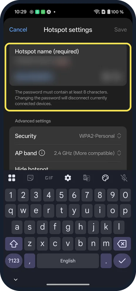 Android screenshot: Check the name and password