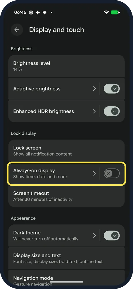 Android screenshot: Open Display and touch
