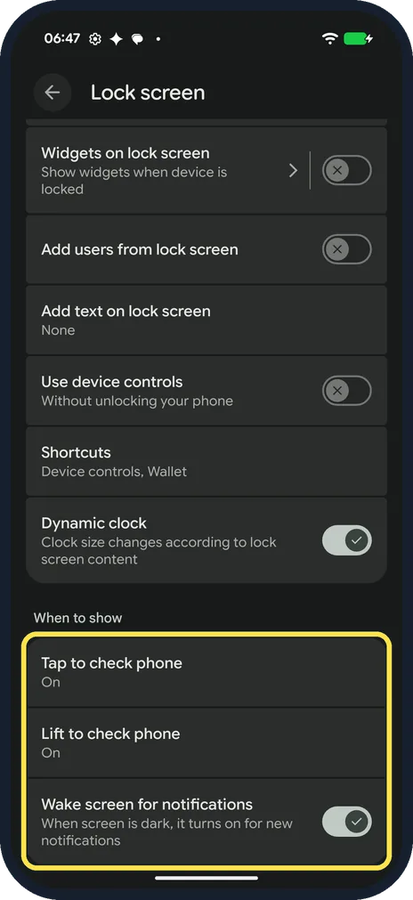 Android screenshot: Or wake the screen when you need it