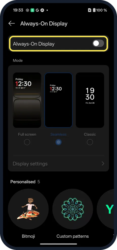 Android screenshot: Turn on Always-On Display