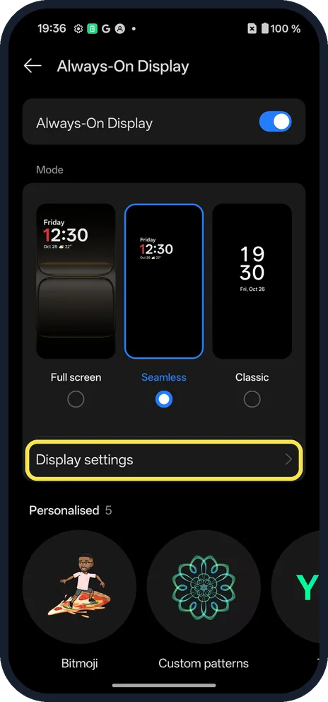 Android screenshot: Open Display settings