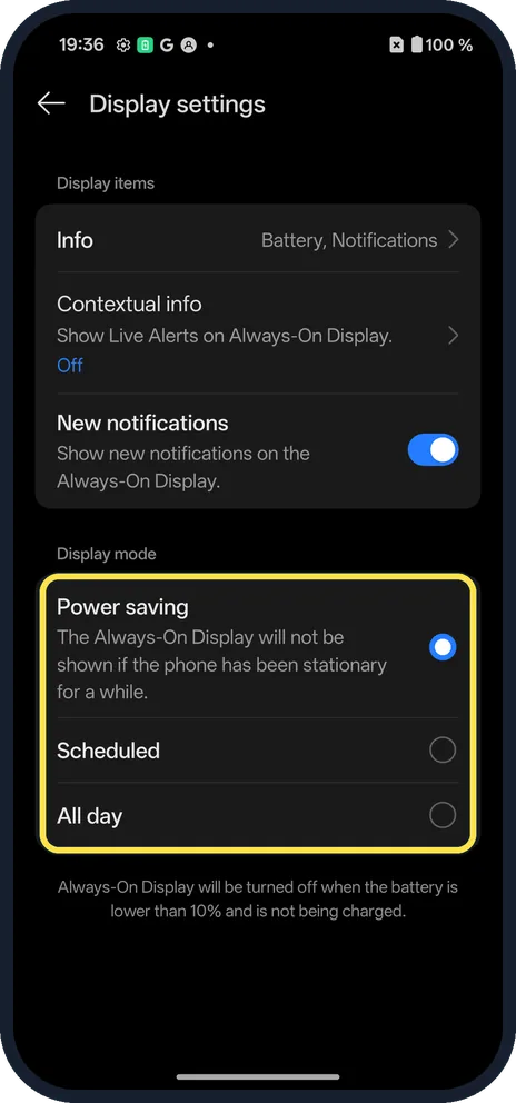 Android screenshot: Choose when it shows