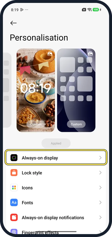 Android screenshot: Open Personalisation