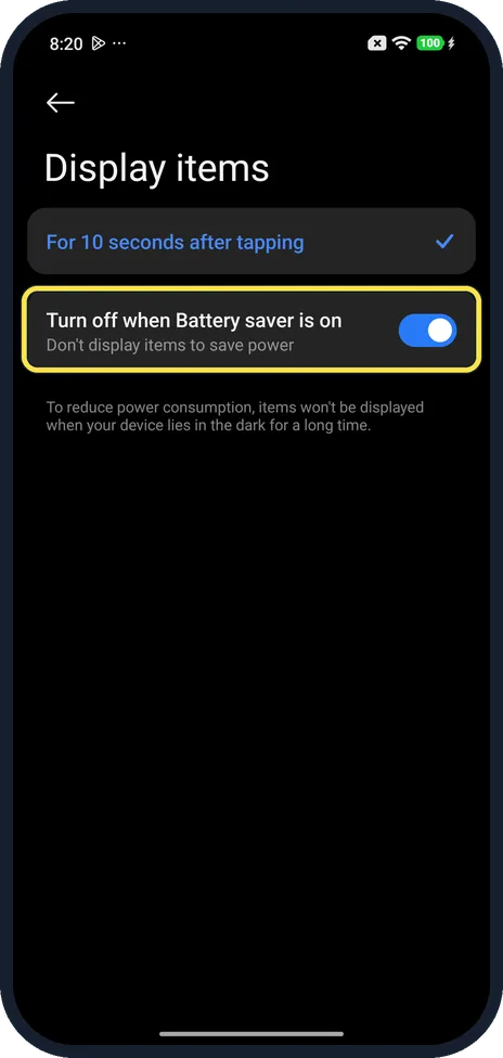 Android screenshot: Battery saver switch