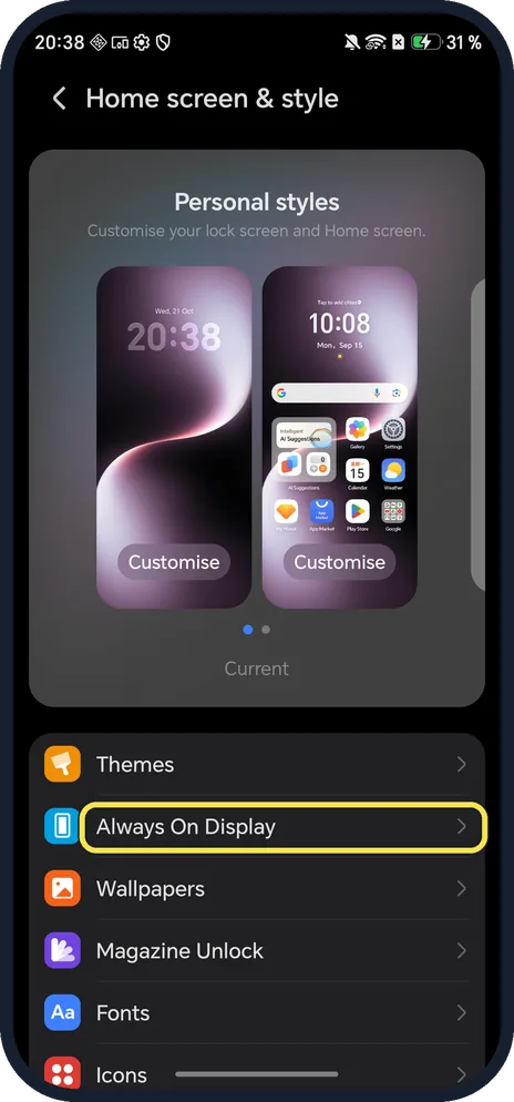 Android screenshot: Tap Always On Display