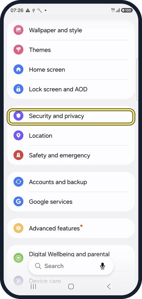 Android screenshot: Open Security and privacy