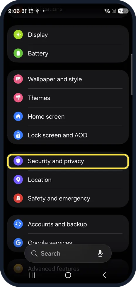 Android screenshot: Open Security and privacy