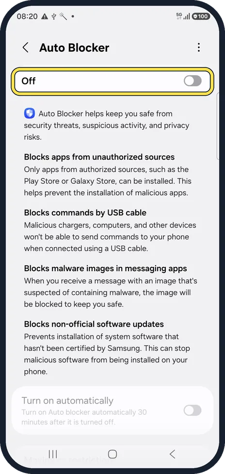 Android screenshot: Switch it on