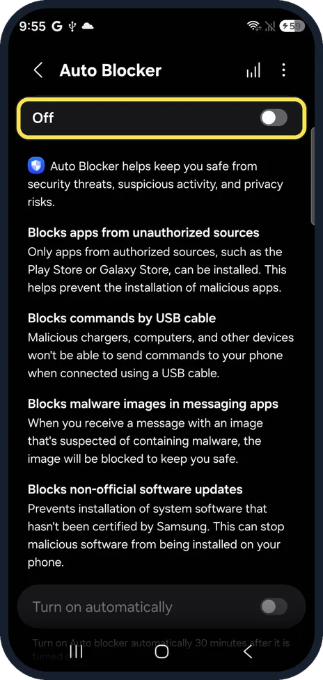 Android screenshot: Switch it on