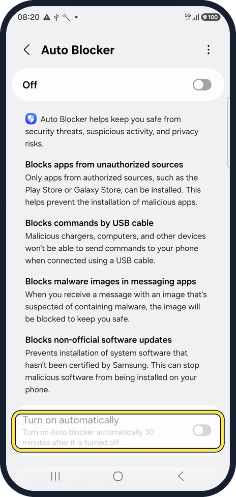 Android screenshot: Check Turn on automatically
