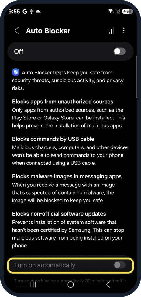 Android screenshot: Check Turn on automatically