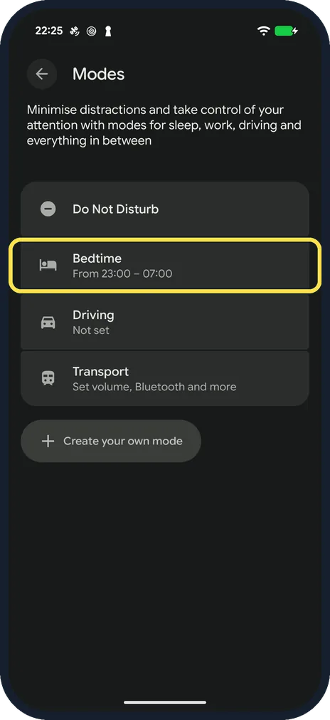 Android screenshot: Tap Sleep on the Modes tab