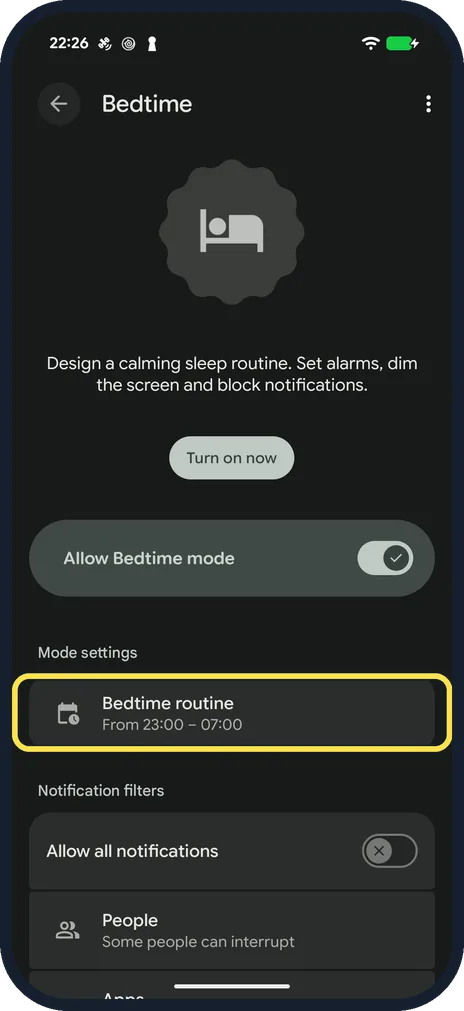 Android screenshot: Set when it starts