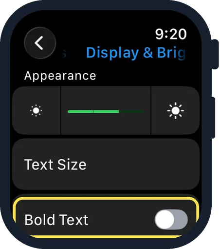 Apple Watch screen: Switch on Bold Text