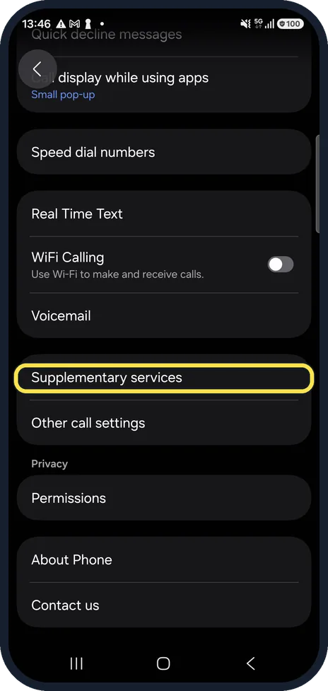 Android screenshot: Open Supplementary services