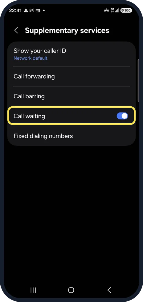 Android screenshot: Turn on Call waiting