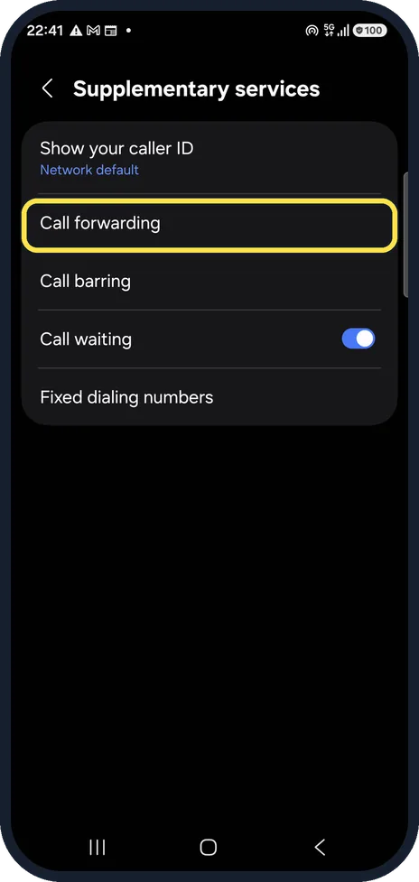 Android screenshot: Open Call forwarding