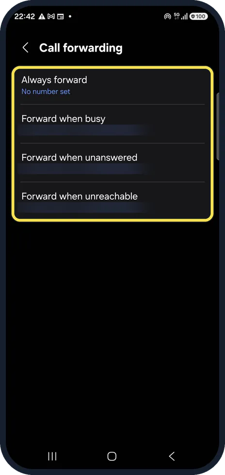 Android screenshot: Choose when to forward