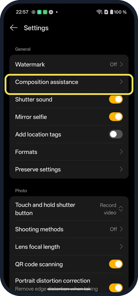 Android screenshot: Tap Composition assistance