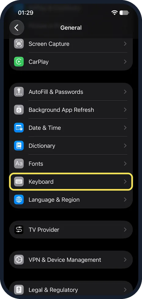 iPhone screen: If that does nothing, open Settings, General, Keyboard