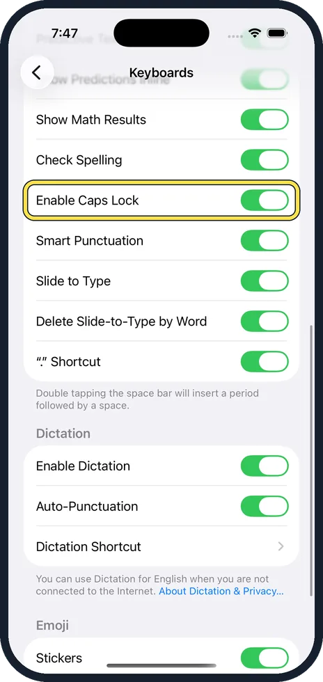 iPhone screen: Scroll down to Enable Caps Lock