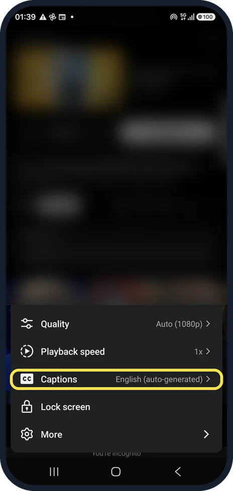 Android screenshot: Turn on captions in the player