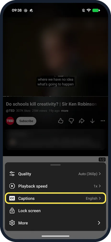 Android screenshot: Turn on captions in the player