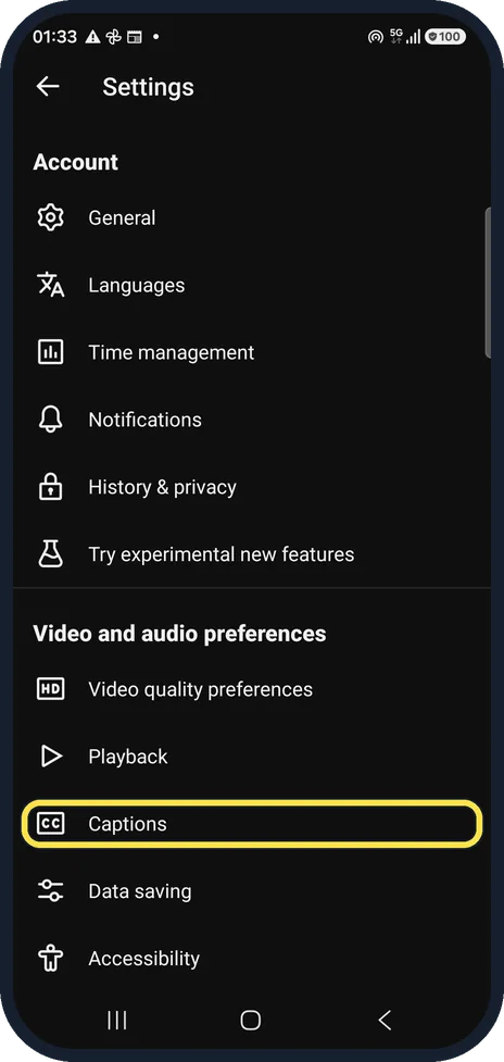 Android screenshot: Open caption settings