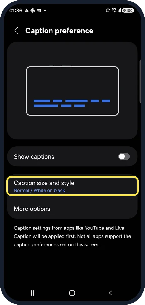 Android screenshot: Use Caption preference