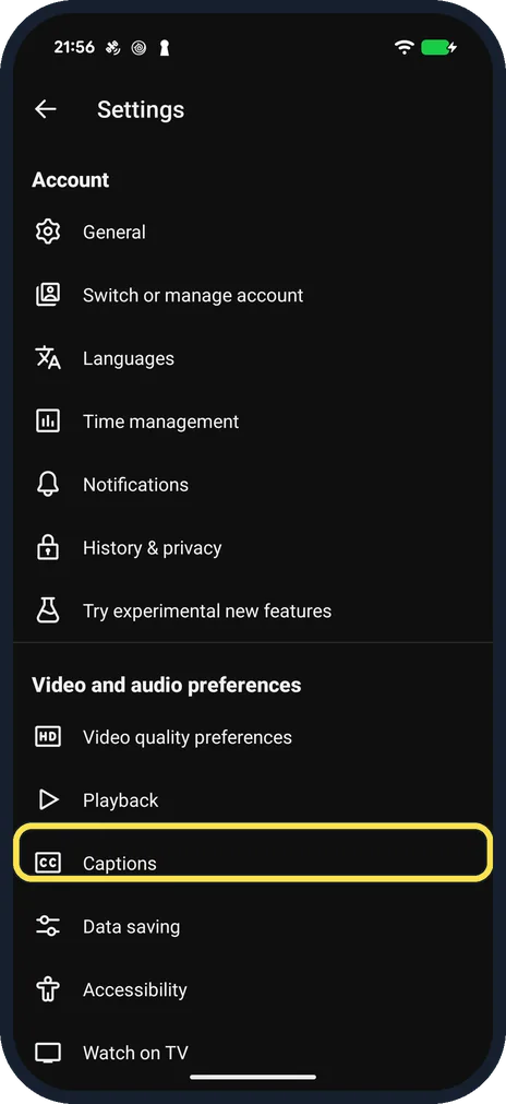 Android screenshot: Tap Captions