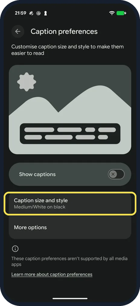 Android screenshot: Tap Caption size and style