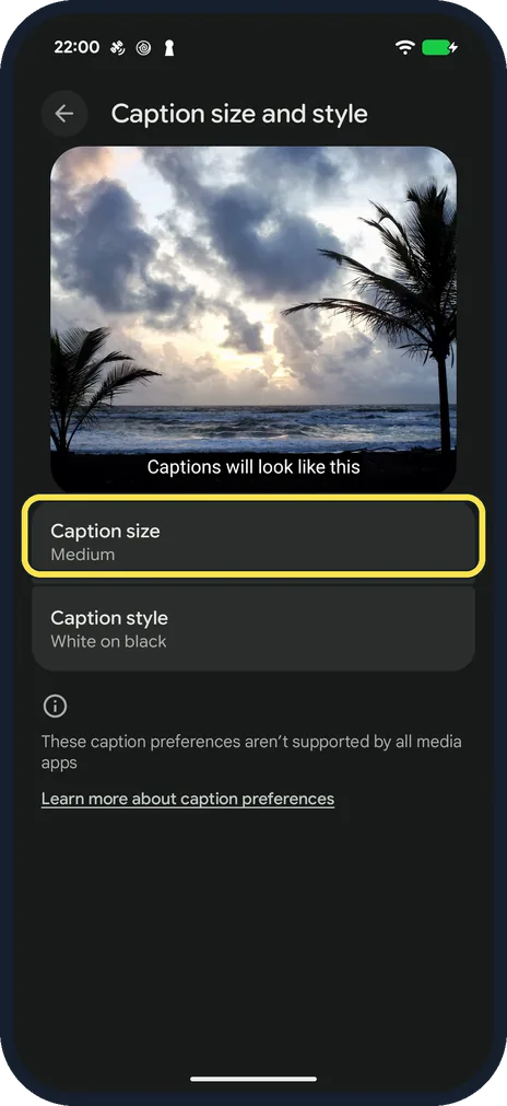 Android screenshot: Tap Caption size