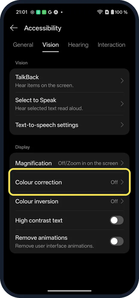 Android screenshot: Open the Vision tab