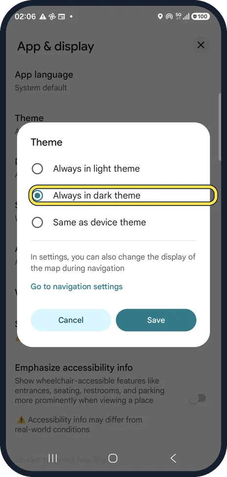 Android screenshot: Choose dark and tap Save