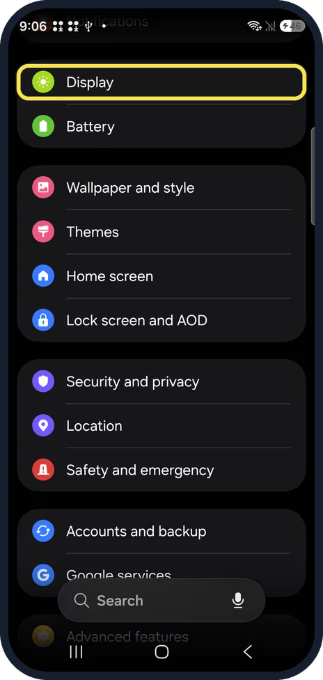 Android screenshot: Open Display