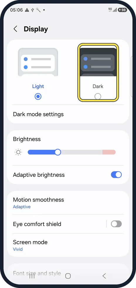 Android screenshot: Tap Dark