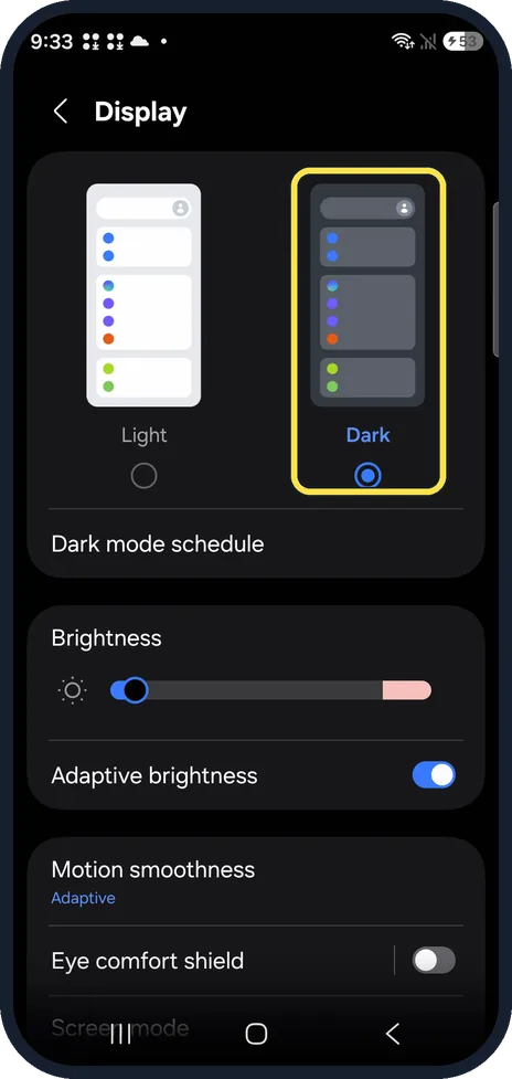 Android screenshot: Tap Dark